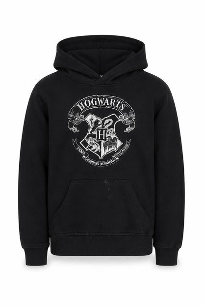 Front view of H&M boys’ black hogwarts hoodie pullover, size 11, years