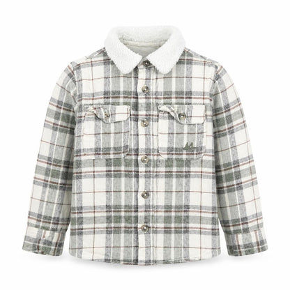 Front view of Mantaray boys’ grey plaid button-up shirt 3-4 years lined winter
