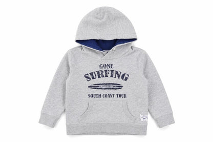 Front view of Mandarcy boys’ grey pullover hoodie, age 2-3 years, surf theme