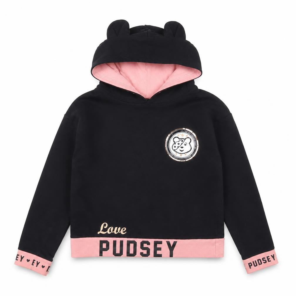 Front view of George girls’ black pullover hoodie 8-9 years graphic print