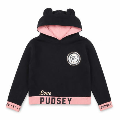 Front view of George girls’ black pullover hoodie 8-9 years graphic print