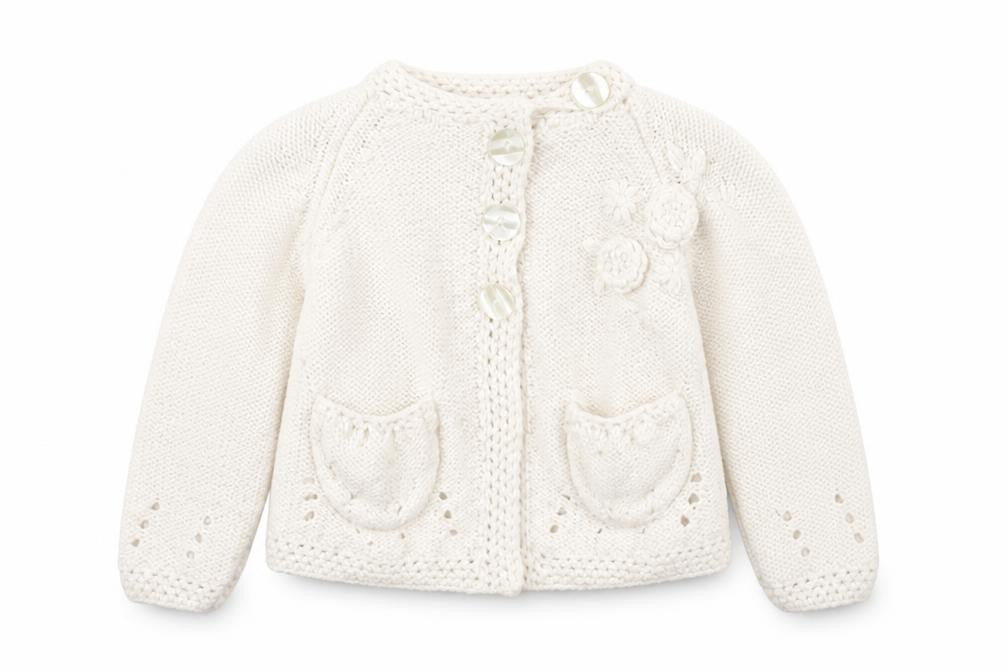 Front view of Mayern unisex ivory cardigan 6-9m with button closure