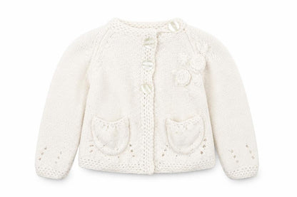 Front view of Mayern unisex ivory cardigan 6-9m with button closure