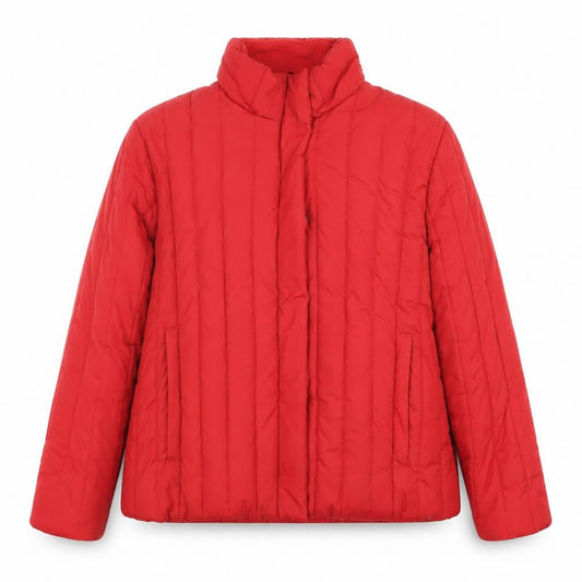 Front view of Evie Women's Red Puffer Jacket, size 14