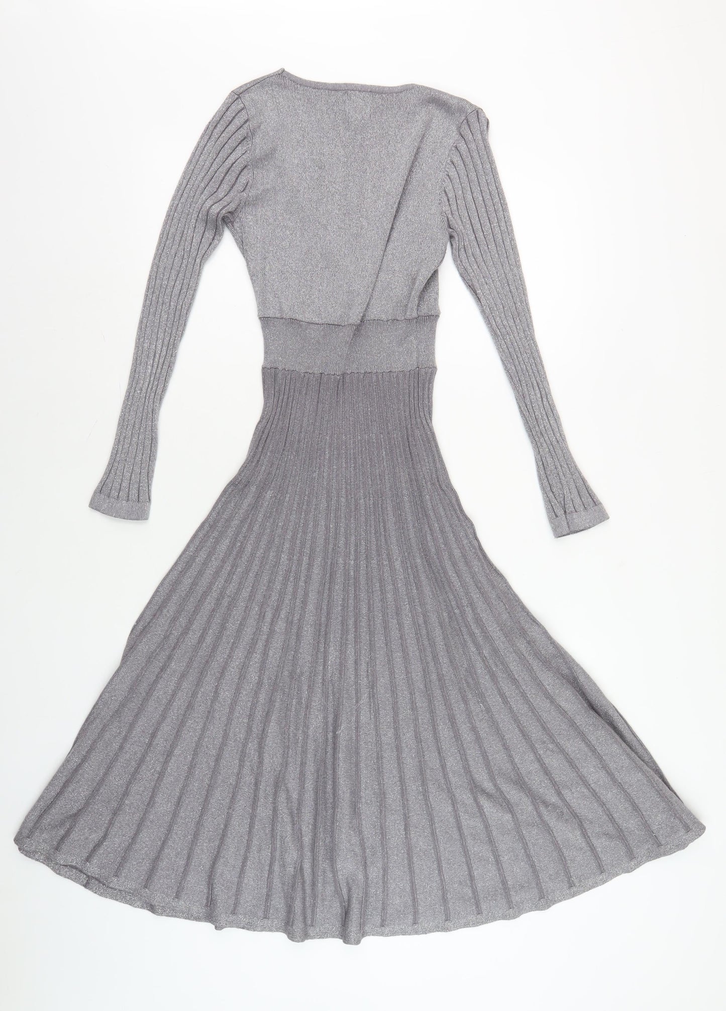 Yumi Women's Grey A-Line Knit Dress, S, V-Neck, Long Sleeve