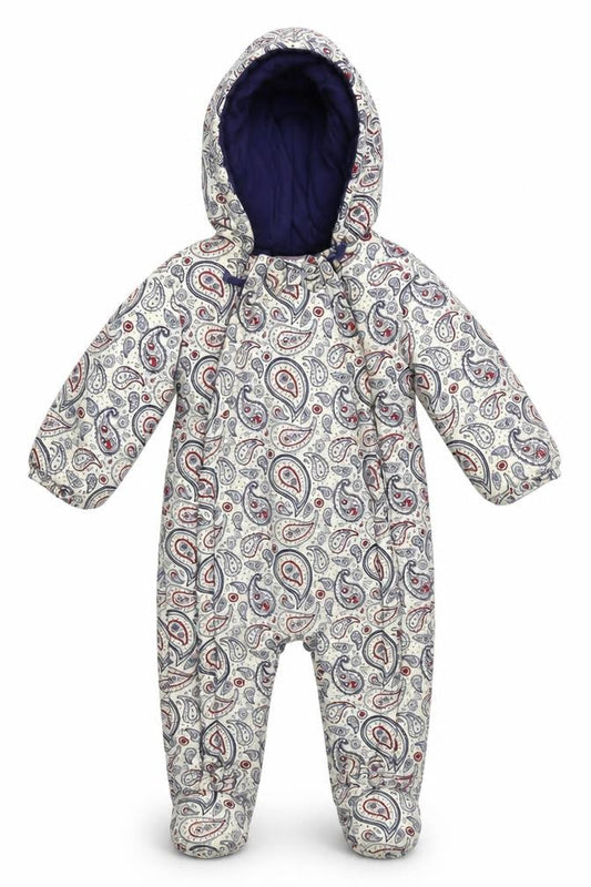 Front view of Louise unisex baby multicoloured paisley snowsuit 6-12 months