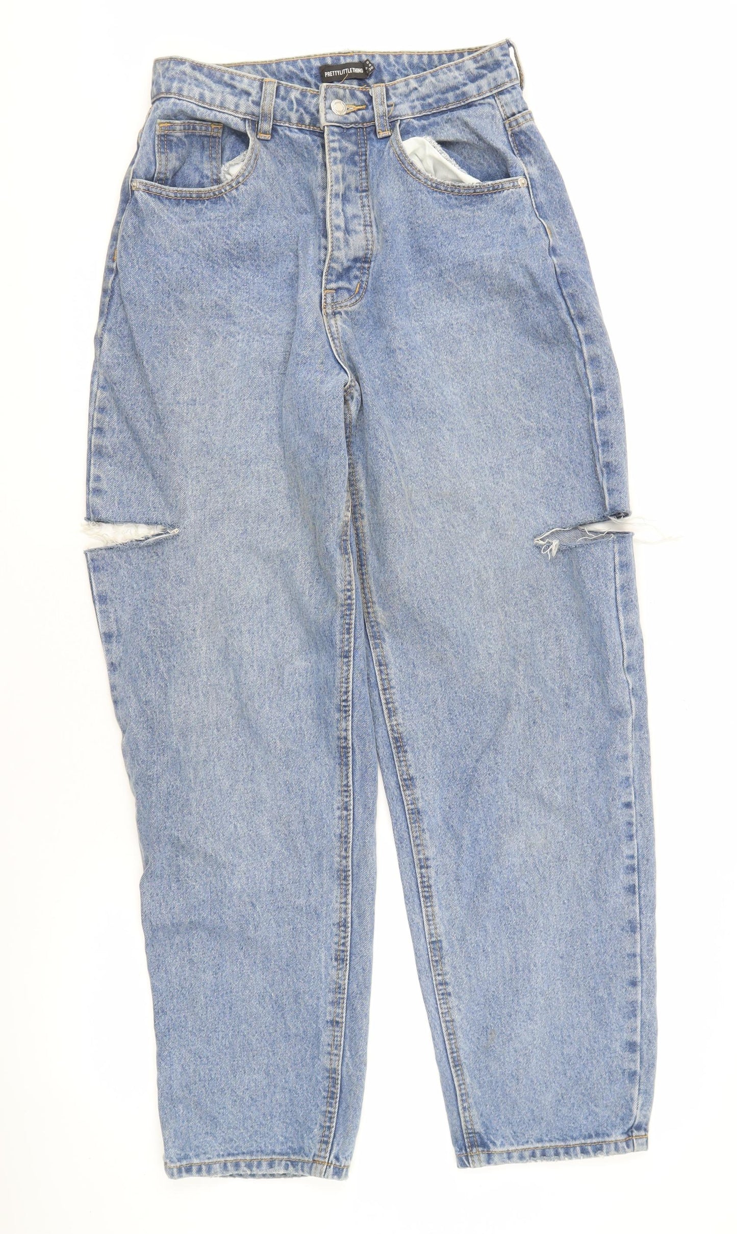 PrettyLittleThing Women's Blue Distressed Straight Jeans UK 8