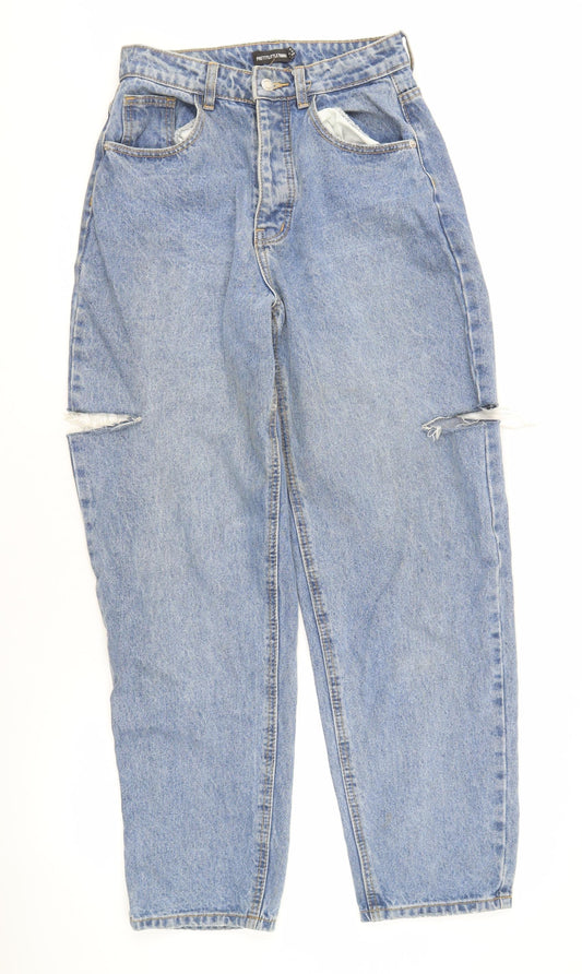 PrettyLittleThing Women's Blue Distressed Straight Jeans UK 8