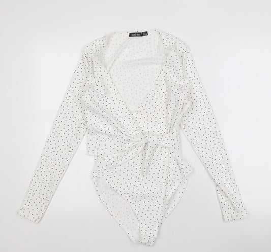 Boohoo Women's White Polka Dot Wrap Bodysuit - UK 12