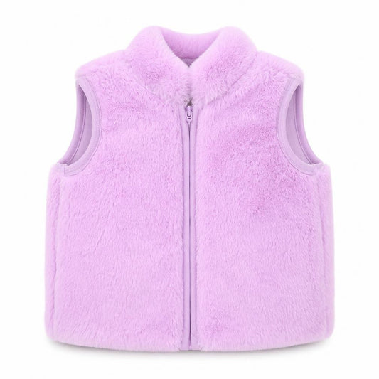 Front view of Baby Mac unisex purple faux fur zipped vest 3-6 months