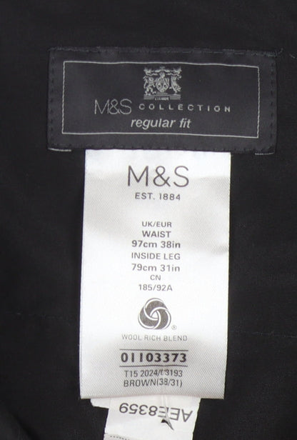 Marks and Spencer Men's Brown Dress Pants, Regular Fit, 38 in Waist
