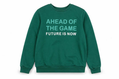 Front view of Jeff & Co girls’ green graphic sweatshirt 9-10 years pullover