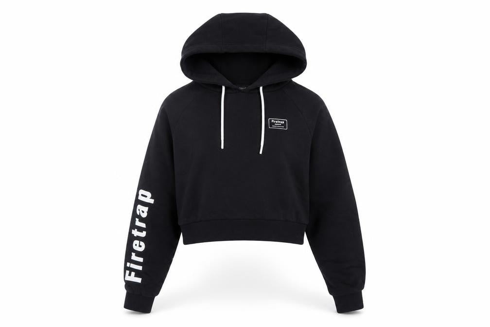 Front view of Firetrap girls’ black hoodie with logo, size S