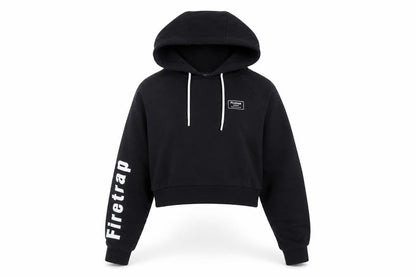 Front view of Firetrap girls’ black hoodie with logo, size S