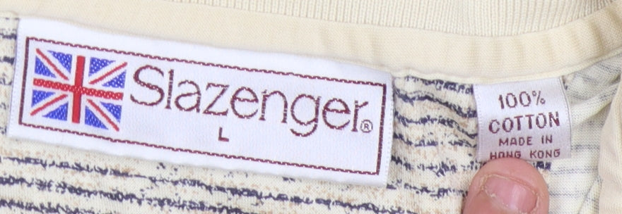 Slazenger L Beige Striped Polo, Men's, Short Sleeve