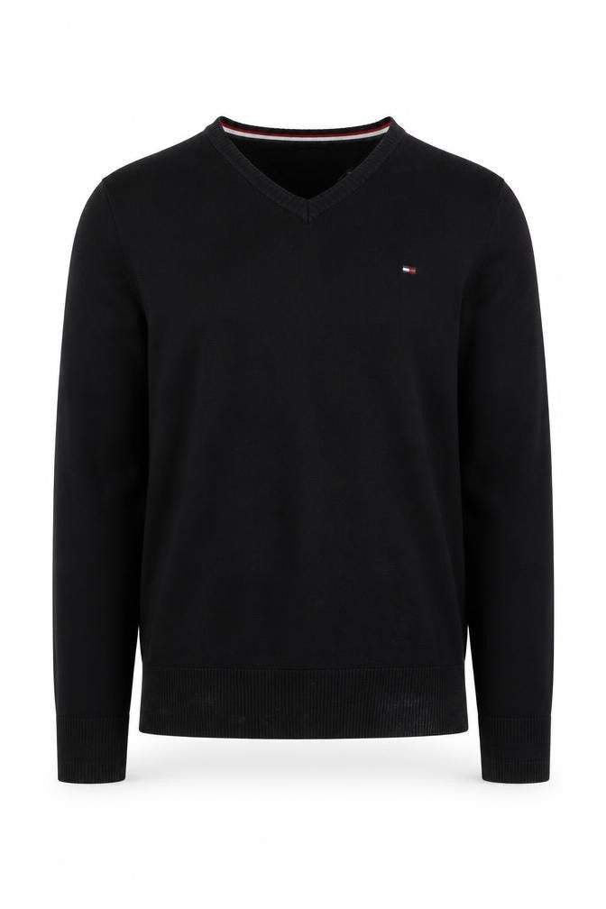 Front view of Hilfiger Denim Men's Black V-Neck jumper S