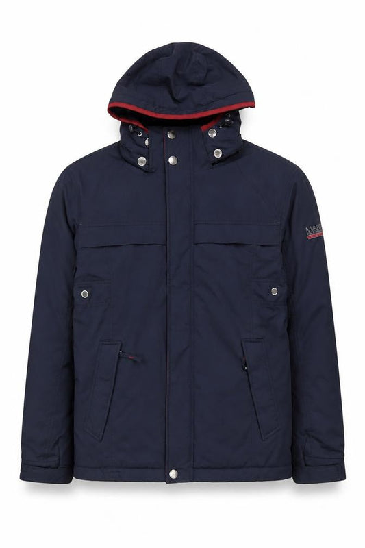Front view of Maine New England Men's Blue Hooded Parka Jacket, size S