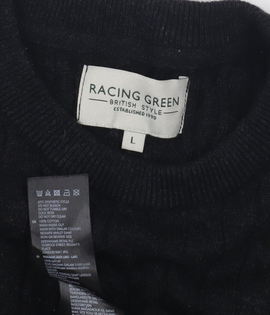 Racing Green Mens Black Cable Knit Pullover Jumper L
