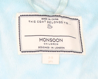 Monsoon Girls Blue Puffer Jacket 2-3 Years Hooded Winter Coat