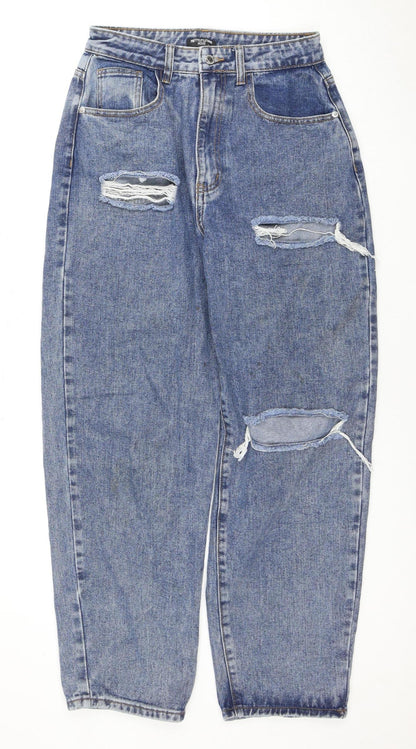 PrettyLittleThing Women's Blue Distressed Mom Jeans Size 10