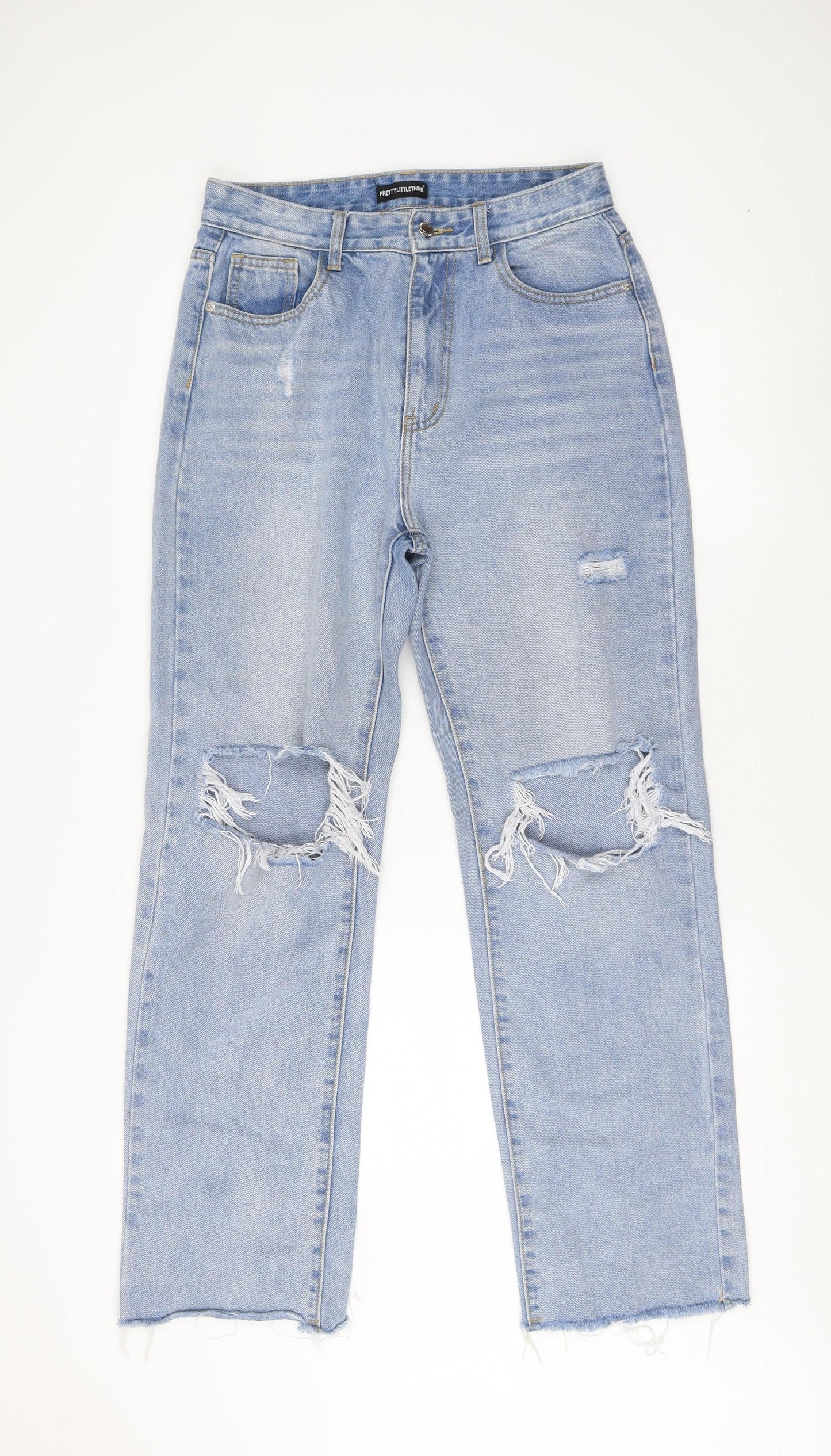 PrettyLittleThing Women's Blue Distressed Straight Jeans Size 12