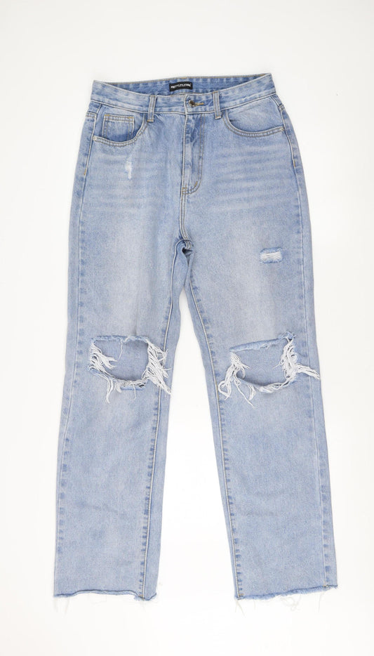 PrettyLittleThing Women's Blue Distressed Straight Jeans Size 12