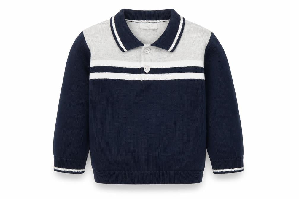 Front view of mamas & papas unisex blue 12-18m collared cotton jumper