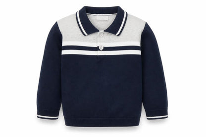 Front view of mamas & papas unisex blue 12-18m collared cotton jumper