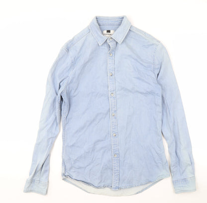 Topman Men's Blue Denim Long Sleeve Regular Fit Shirt