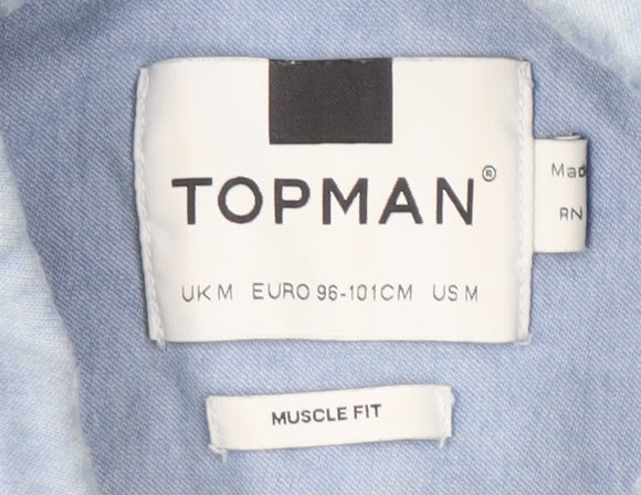 Topman Men's Blue Denim Long Sleeve Regular Fit Shirt