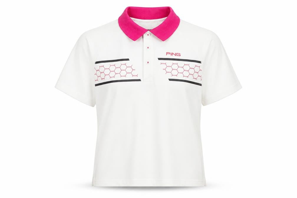 Front view of PING unisex kids white polo shirt m
