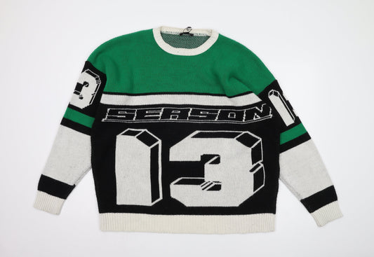 boohooMAN Men's Green Graphic Print Pullover Jumper M