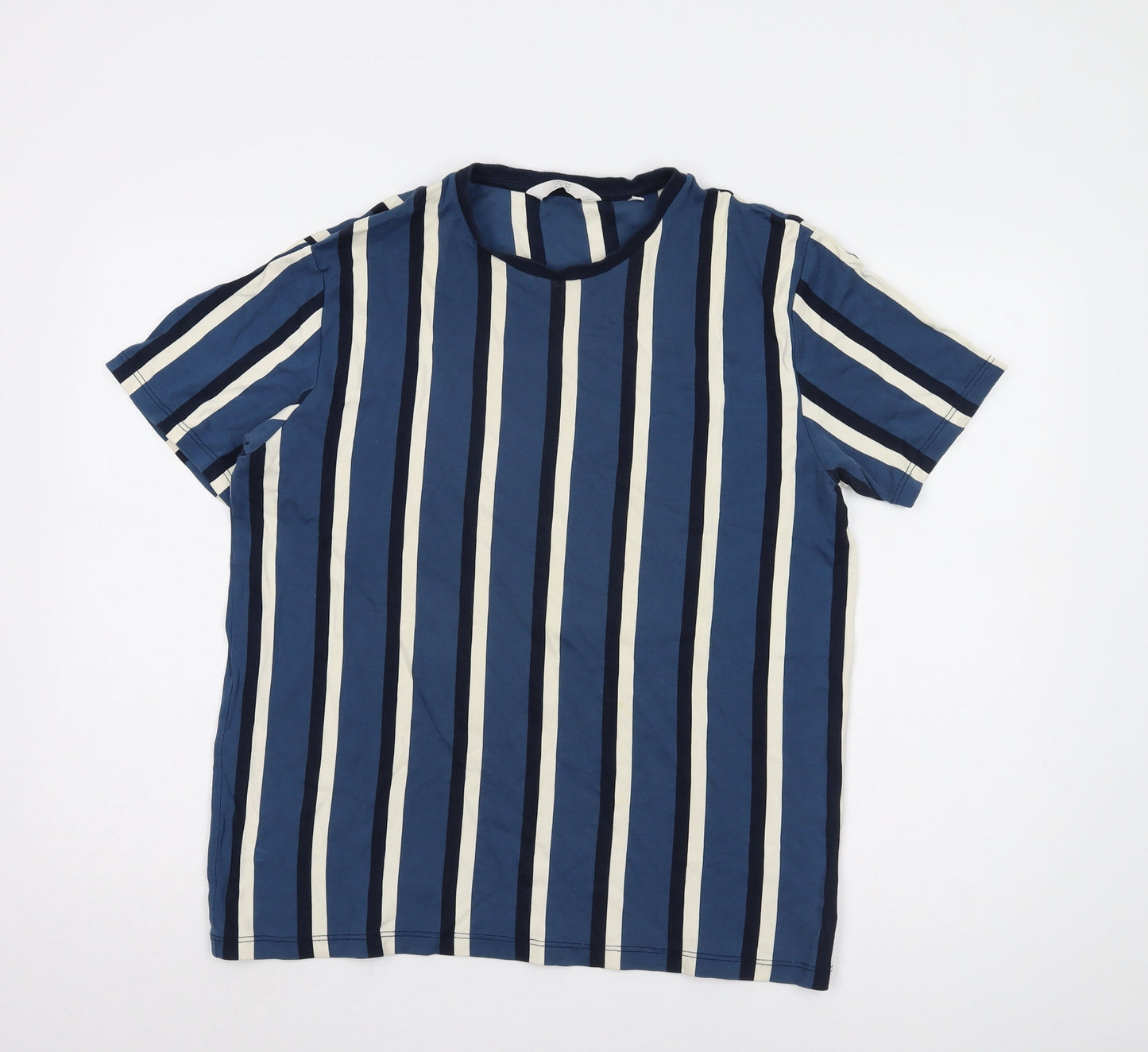 Next Men's Blue Striped T-Shirt L Cotton Crew Neck
