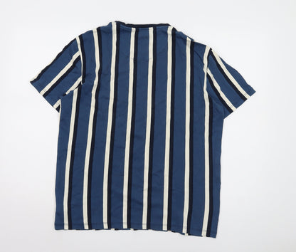 Next Men's Blue Striped T-Shirt L Cotton Crew Neck