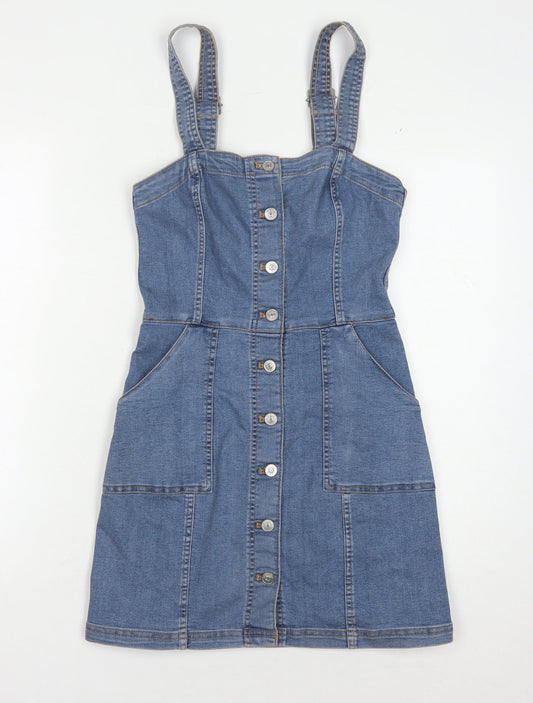 H&M Women Blue Denim Pinafore Dress Size 4 Casual