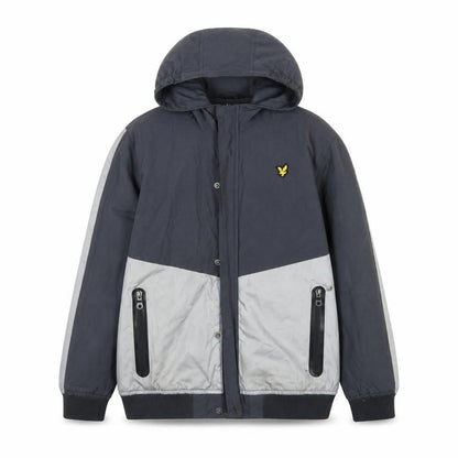 Front view of Lyle & Scott boys’ grey bomber jacket, 12-13 years, hooded, zip