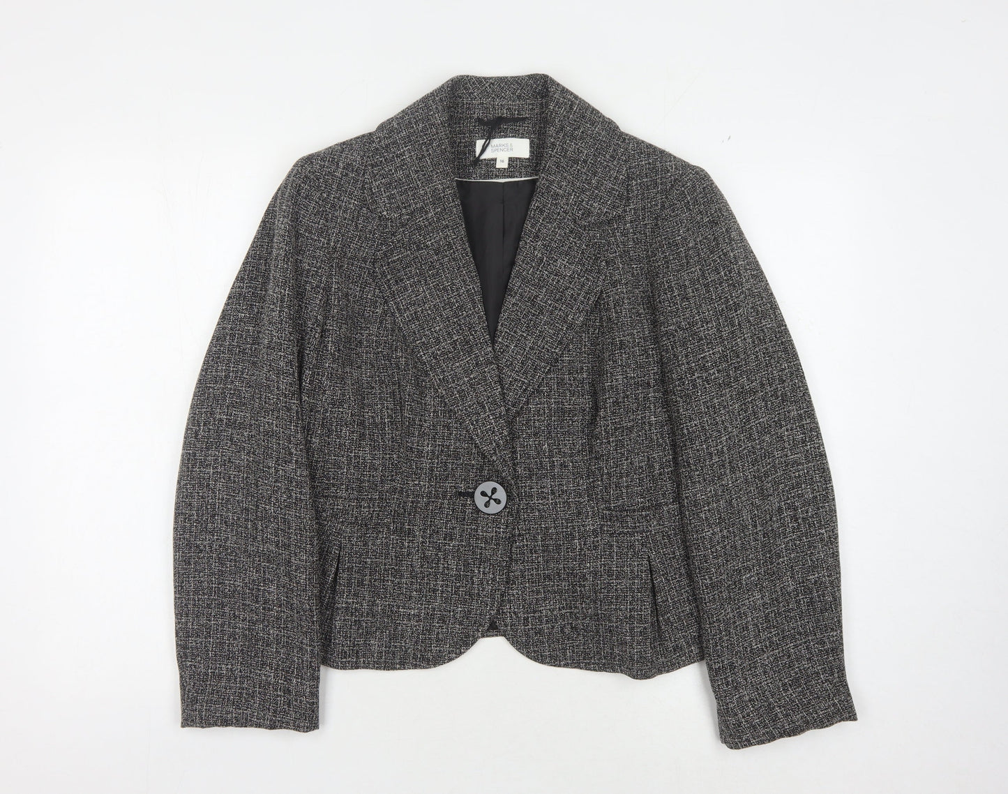 Marks & Spencer Women Grey Herringbone Blazer Size 16
