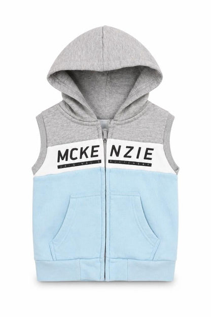 Front view of McKenzie boys’ grey & blue sleeveless hooded jacket 2-3 years