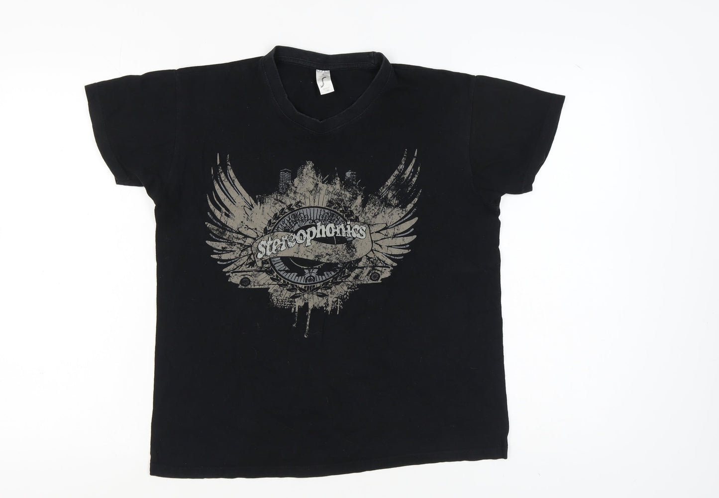 SOL'S Men Black Music Theme Graphic Print T-Shirt V-Neck S