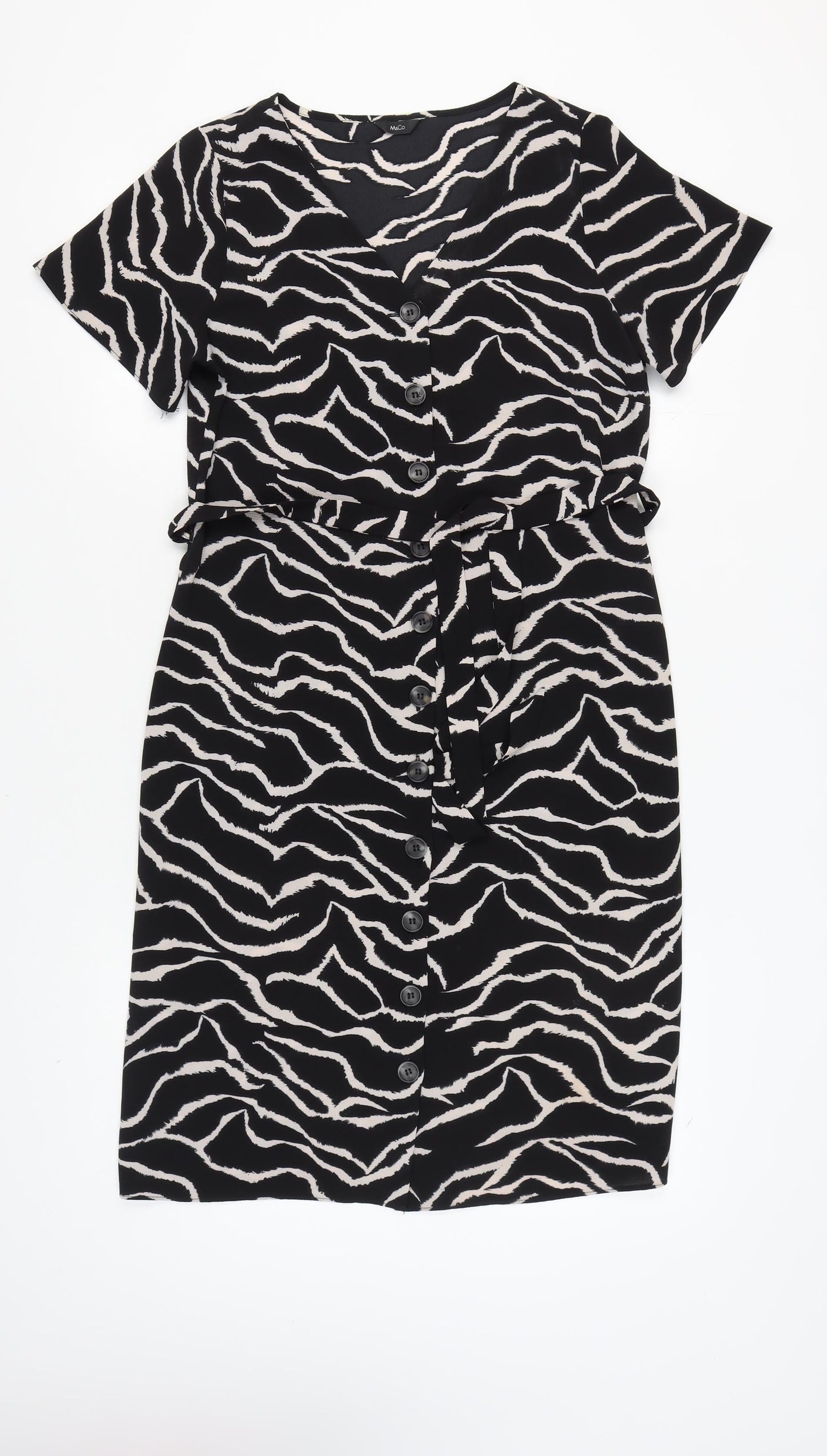 M&Co Women's Black Animal Print Belted Dress - Size 14