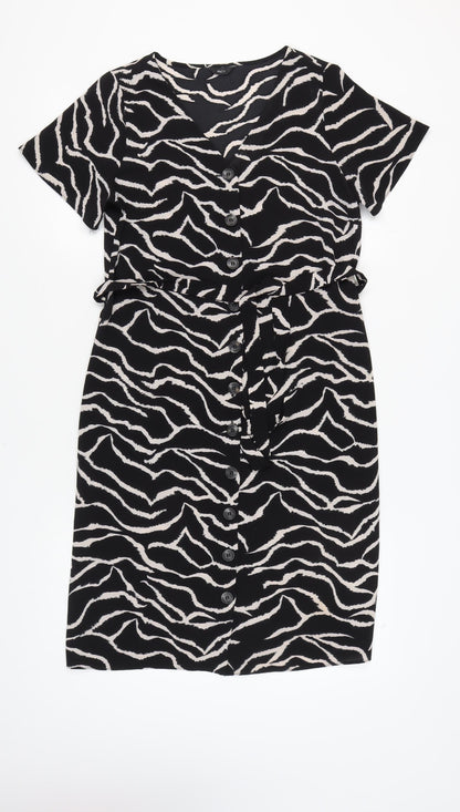 M&Co Women's Black Animal Print Belted Dress - Size 14
