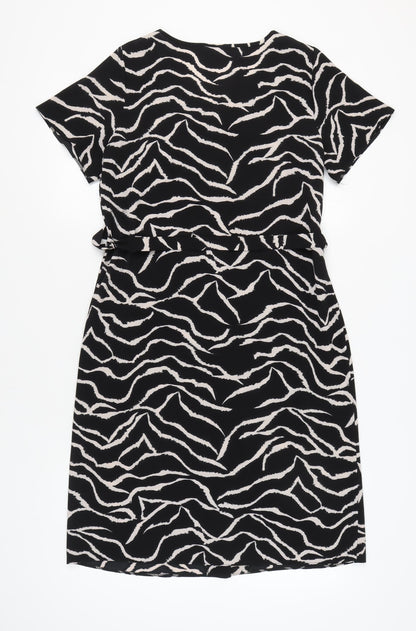 M&Co Women's Black Animal Print Belted Dress - Size 14