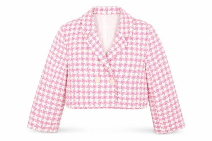 Front view of Zara girls’ pink cropped houndstooth jacket 9 years