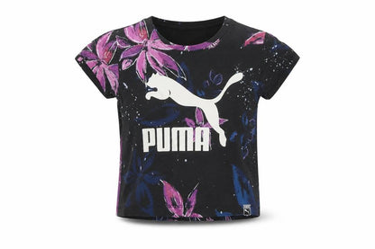 Front view of Puma Teens Black Floral T-Shirt, size 8, Casual Crew Neck