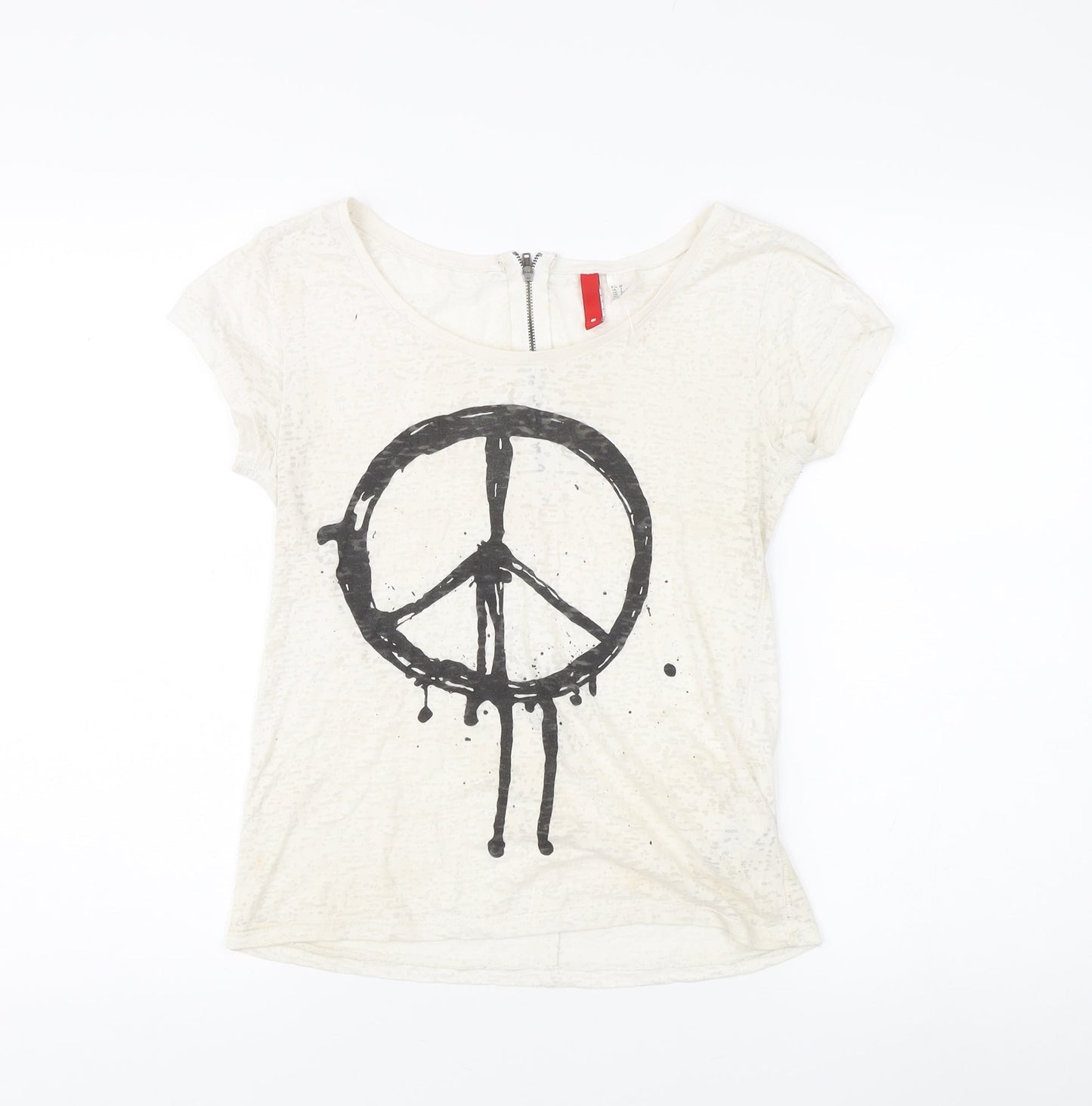 Women's White Crew Neck T-Shirt with Zip Accent - Size 6