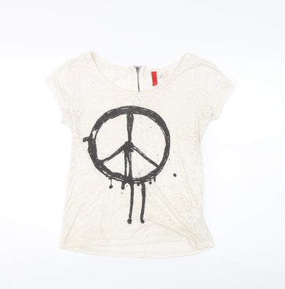 Women's White Crew Neck T-Shirt with Zip Accent - Size 6