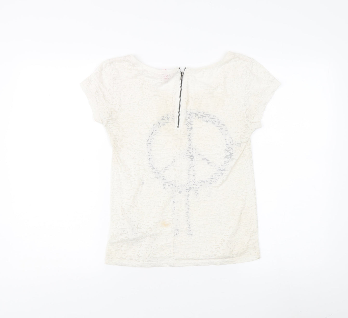 Women's White Crew Neck T-Shirt with Zip Accent - Size 6
