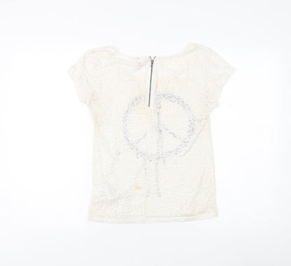 Women's White Crew Neck T-Shirt with Zip Accent - Size 6