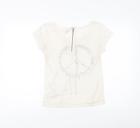 Women's White Crew Neck T-Shirt with Zip Accent - Size 6