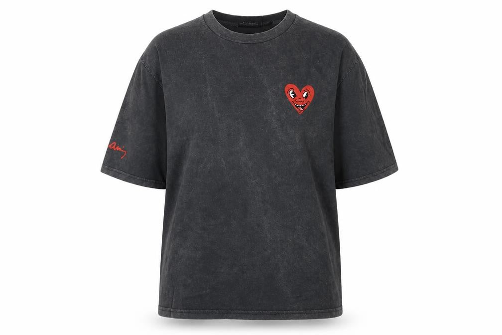 Front view of Keith Haring unisex black m t-shirt, art theme, casual wear